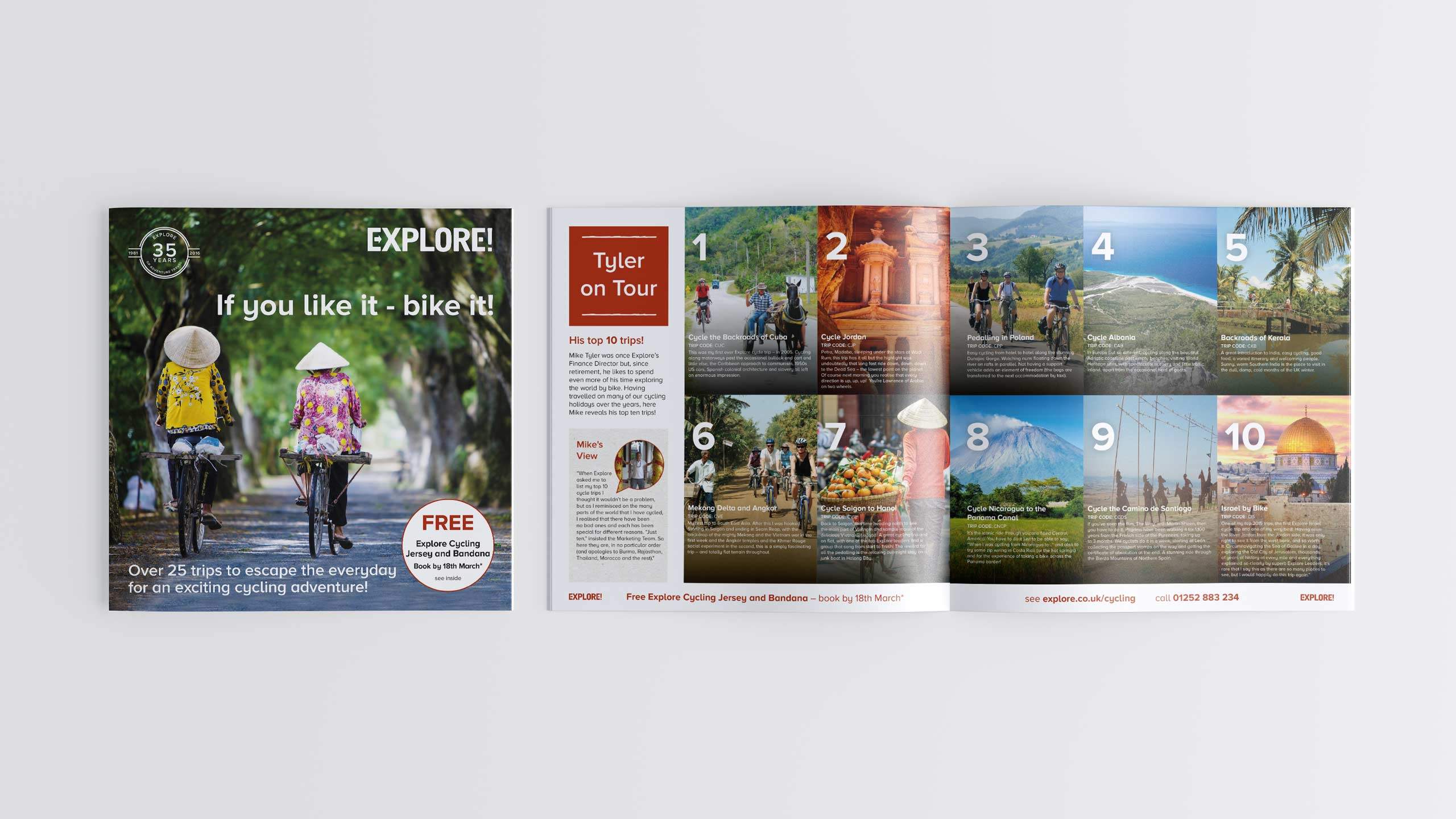 adventure travel brochure design refresh front cover intro pages cycling direct marketing